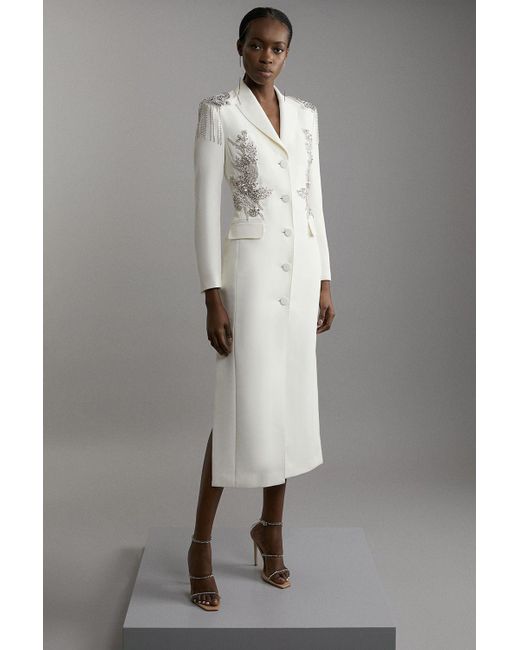 Karen Millen Gray Petite Crystal Embellished Tailored Tuxedo Blazer Midaxi Dress