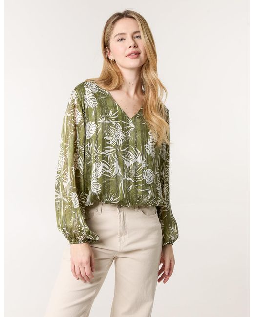Blue Vanilla Green Leaf Print V Neck Puffball Top