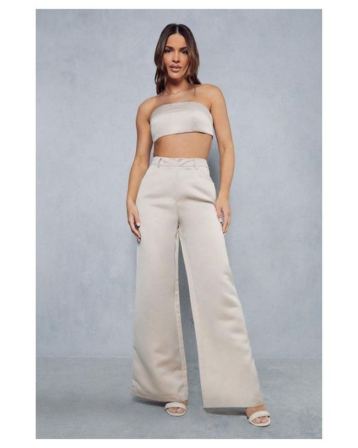 MissPap Gray Premium Tailored Satin High Waisted Wide Leg Trousers