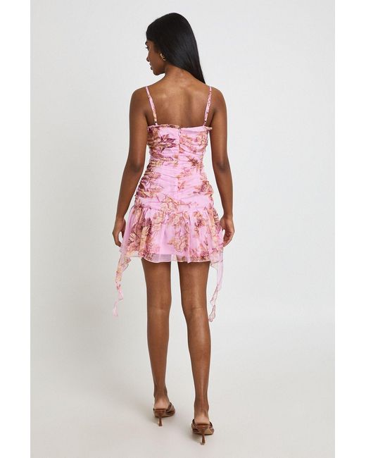 Boohoo Floral Textured Chiffon Lace Up Front Mini Dress