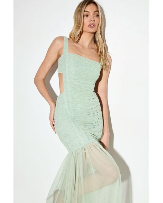 MissPap White Open Back Mesh Ruched Maxi Dress