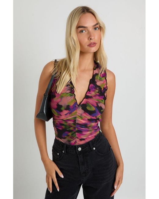 Boohoo Red Floral Printed Mesh Ruched Neckline One Piece