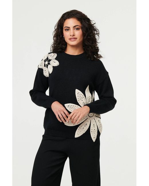 Izabel London Black Floral Long Sleeve Embroidered Jumper