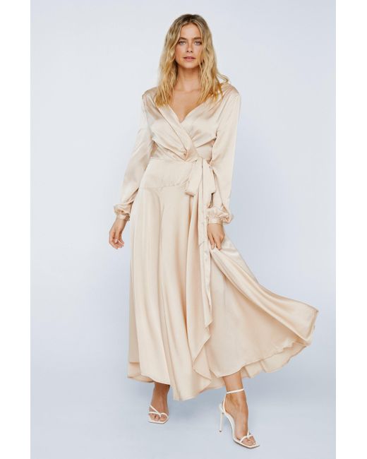 nasty gal long sleeve maxi dress Nasty Gal Women's Satin Asymmetric Tie Long Sleeve Maxi Dress in Chocolate