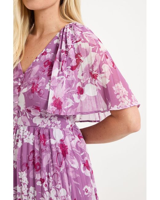 Wallis Pink Petite Floral Pleated Cape Sleeve Midi Dress