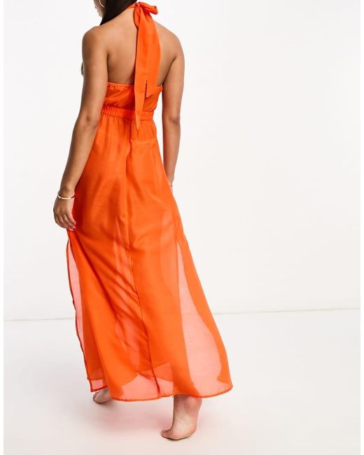 Vero Moda Orange Cross Over Halterneck Beach Maxi Dress
