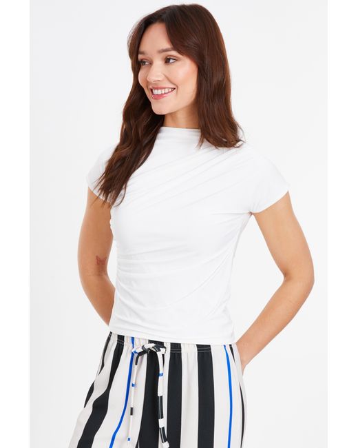 Quiz White Wrap High Neck Top