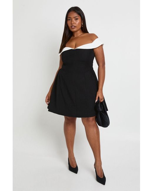 Boohoo Black Plus Bardot Structured Skater Dress