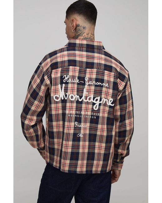 BoohooMAN Gray Tall Oversized Club De Ski Embroidered Ribbed Flannel Overshirt for men