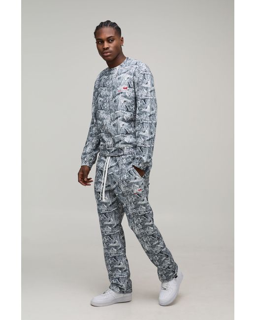 BoohooMAN Gray Oversized Boxy Camo Sweatshirt Tie Cuff Tracksuit for men