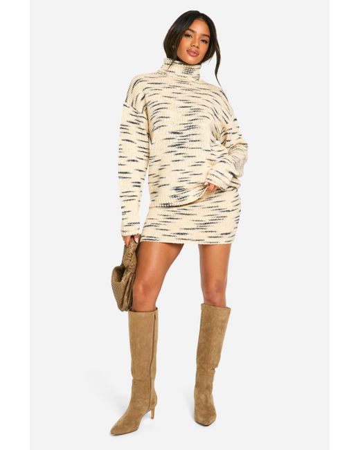 Boohoo Natural Premium Marl Knitted Roll Neck Sweater And Mini Skirt Set