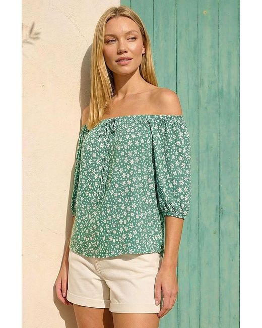 Roman Green Floral Puff Print Bardot Top