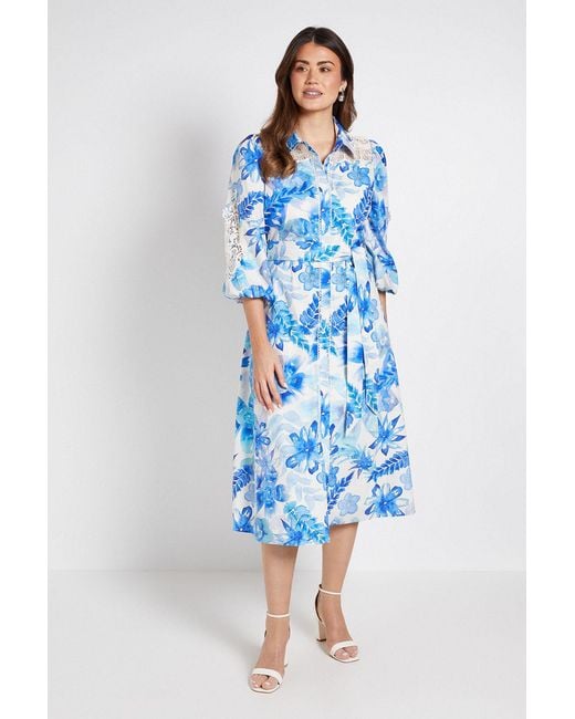 Wallis Blue Floral Cotton Cutwork Detail Shirt Dress