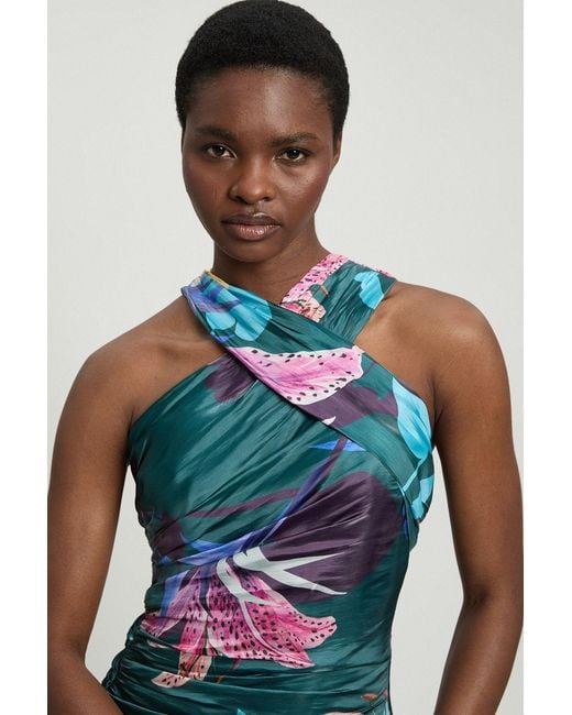 Karen Millen Blue Printed Metallic Floral Woven Maxi Dress