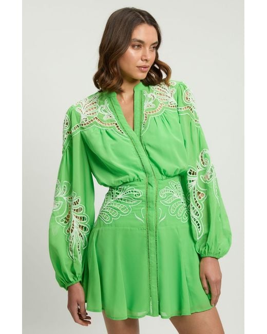 Karen Millen Green Cutwork Beaded Embroidered Woven Mini Dress