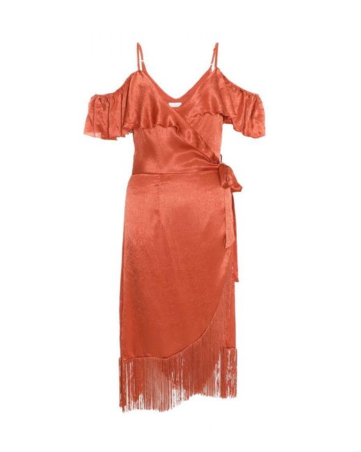 Quiz Red Rust Satin Cold Shoulder Fringe Hem Midi Dress