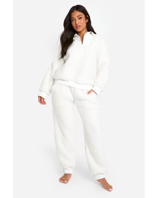 Boohoo White Petite Rib Fleece Half Zip And Jogger Lounge Set