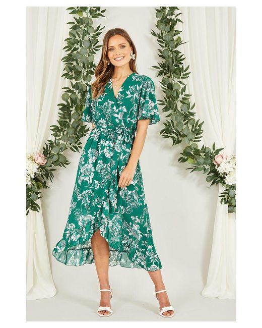 Mela London Green Floral Wrap Midi Dress With Frill Detail