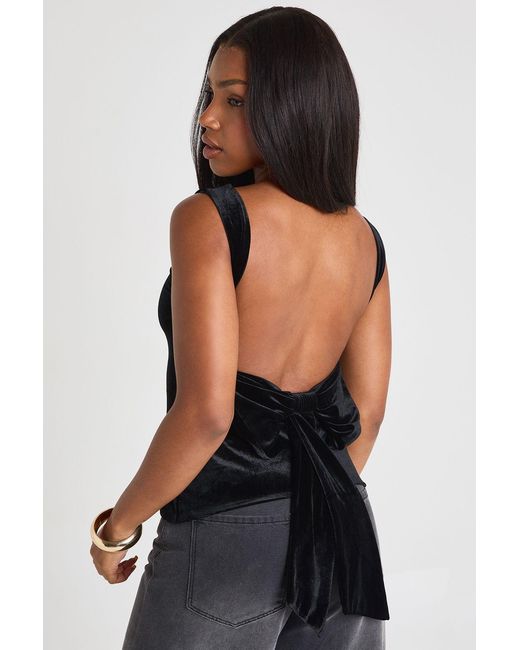 Boohoo Black Velvet Bow Back Detail Top