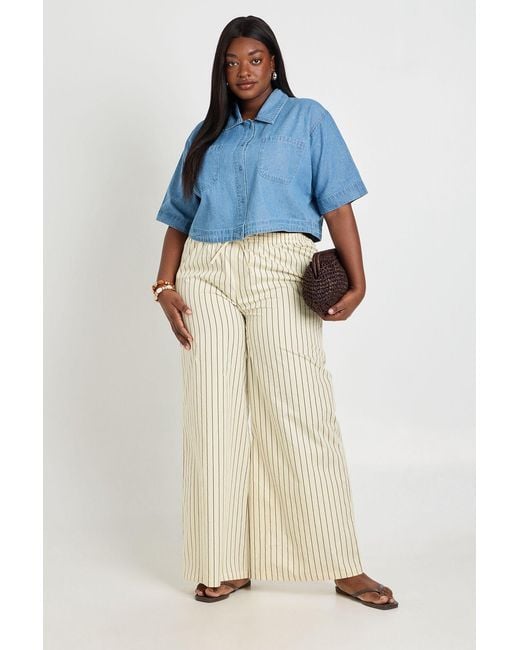 Boohoo Blue Plus Stripe Poplin Drawcord Wide Leg Trouser