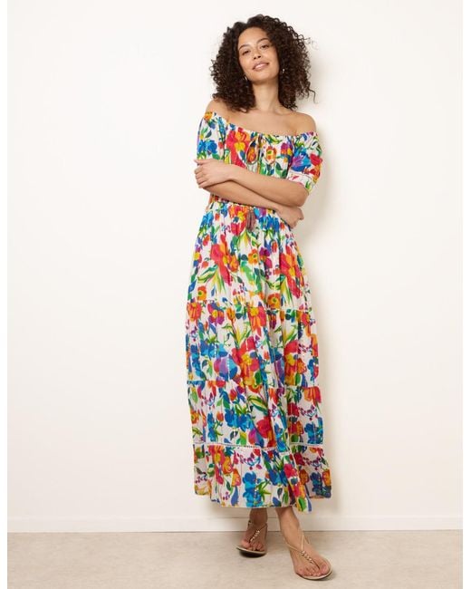 Blue Vanilla White Bardot Tassel Tie Tiered Maxi Dress