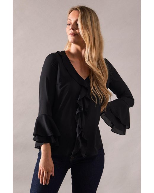 Wallis Black Ruffle Front Flute Sleeve Top