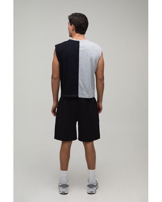 BoohooMAN Blue Boxy Length Spliced Homme Applique Tank & Baggy Short Set for men