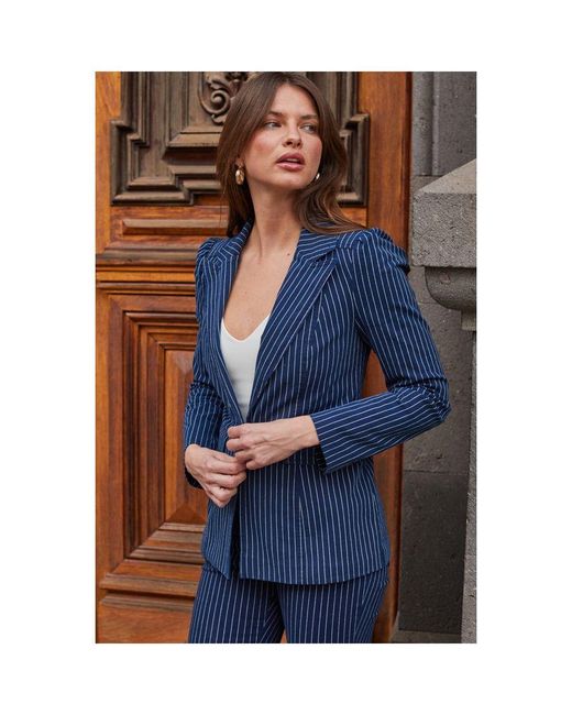 Sosandar Blue Pinstripe Denim Blazer