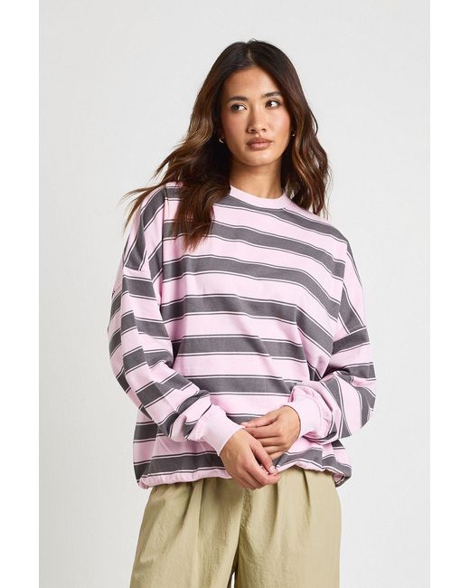 Boohoo Pink Striped Oversized Crew Neck Sweatshirt