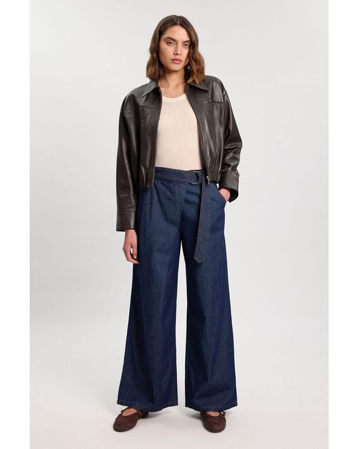 Karen Millen Blue Denim Belted Wide Leg Trouser