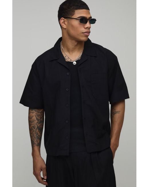 BoohooMAN Black Oversized Boxy Fit Short Sleeve Linen Blend Shirt for men