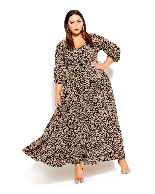 City Chic Brown Plus Size Cheetah Maxi Dress 3/4 Sleeves V-neck - Sand