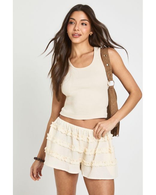 Boohoo Natural Cheesecloth Frill Detail Shirred Mini Shorts