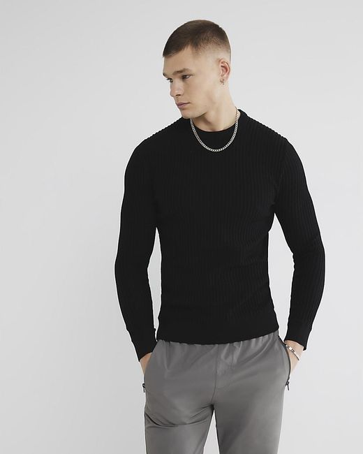 River Island Black Jumper Muscle Fit Textured Cotton for men