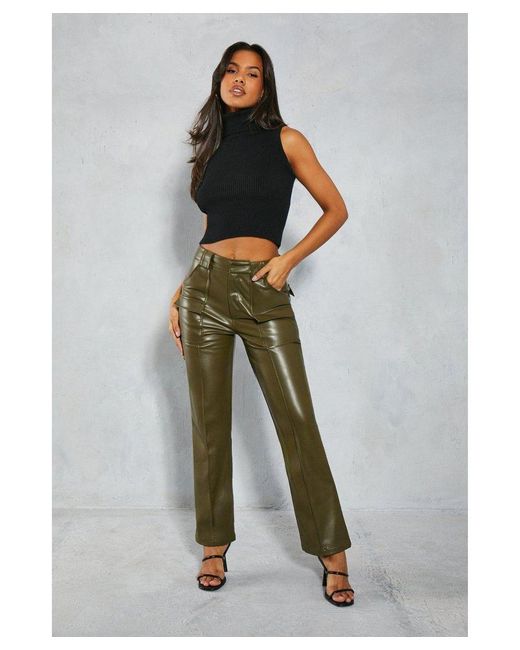 MissPap Green Leather Look Utility Cargo Straight Leg Trouser