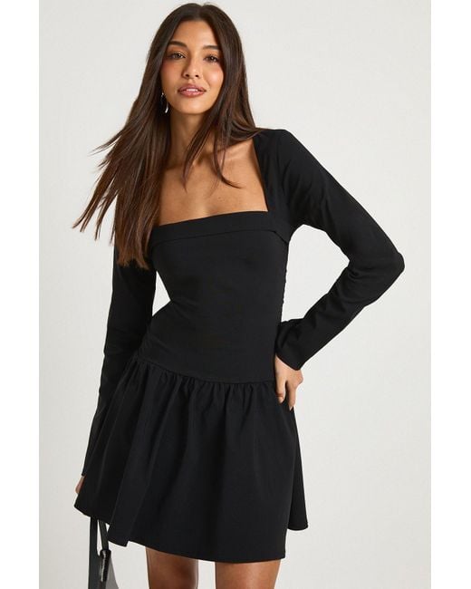 Boohoo Square Neck Long Sleeve Skater Mini Dress in Black Lyst UK