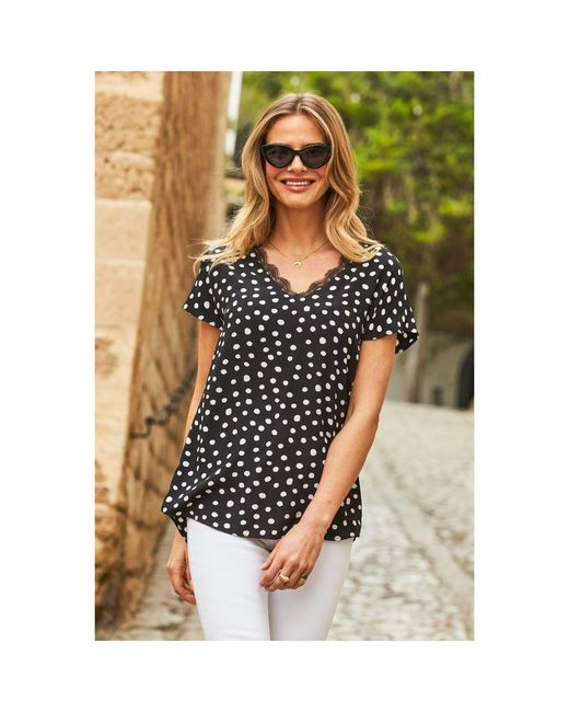 Sosandar Black Spot Print Lace Trim Top