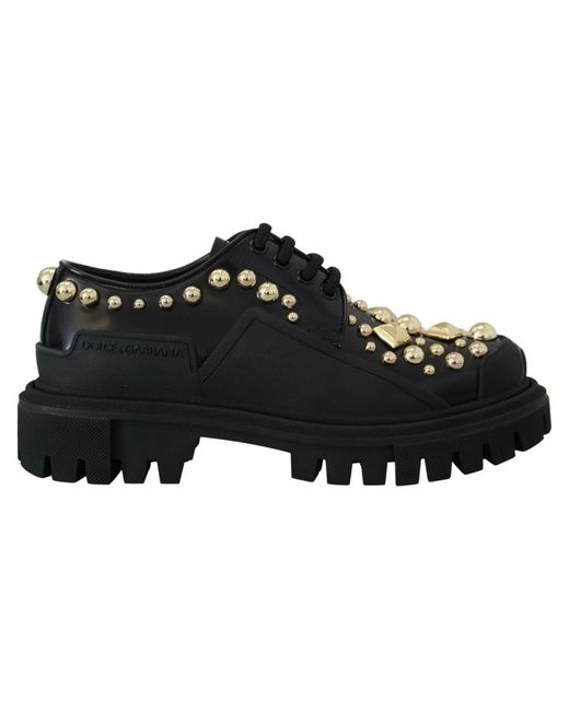 Dolce & Gabbana Black Polished Leather Trekking Derby With Gold Stud Pattern