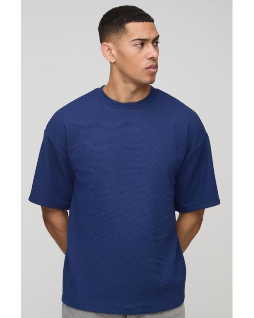 BoohooMAN Blue Regular Fit Textured Drop Shoulder T-Shirt for men