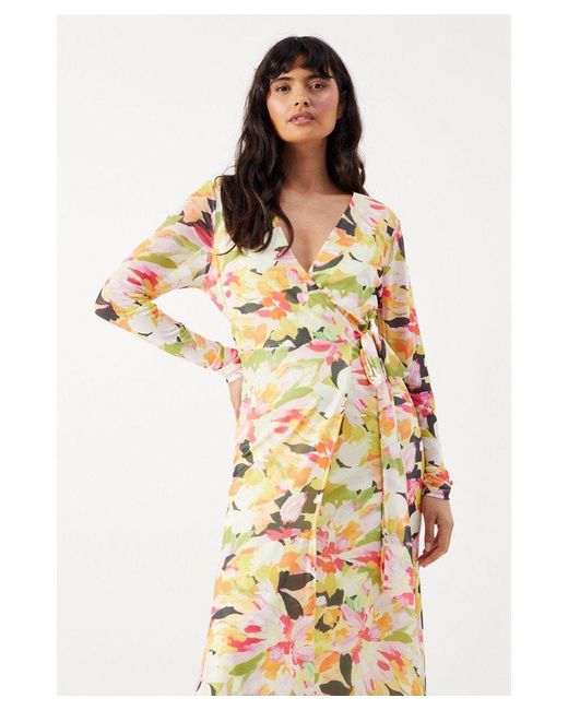 Warehouse Metallic Bloom Floral Mesh Asymmetric Seam Wrap Midi Dress