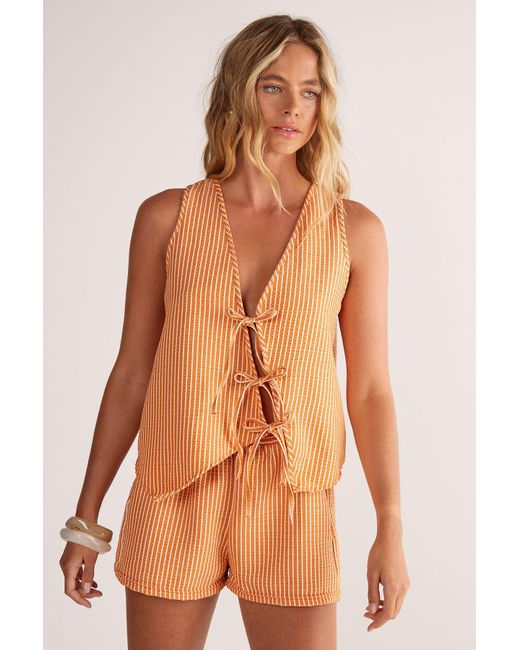 Nasty Gal Orange Textured Stripe Asymmetric Tie Front Vest