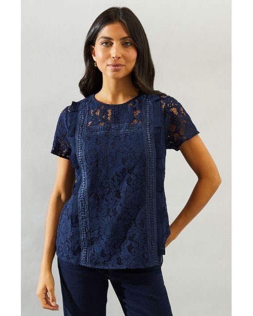 Wallis Blue Occasion Lace Ruffle Trim Blouse