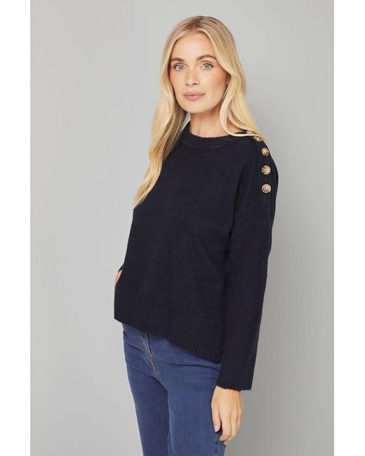Wallis Blue Petite Pointelle Sleeve Button Detail Jumper