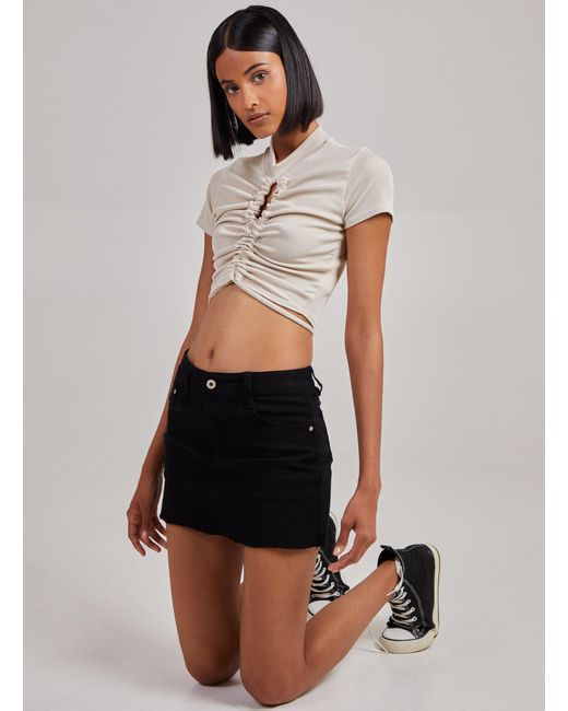 Pink Vanilla White Short Sleeve Gathered Keyhole Ribbed Top