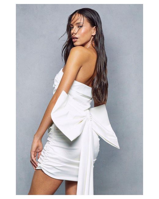 MissPap White Premium Satin Bow Back Ruched Bandeau Mini Dress