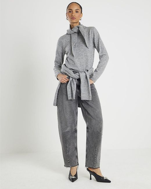 River Island Gray Jumper Knitted Scarf Neck Sweater