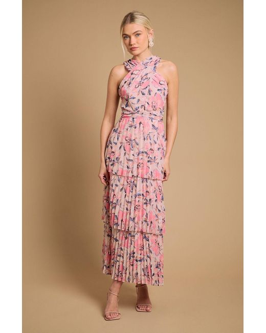 Oasis Pink Halterneck Pleated Tiered Maxi Dress