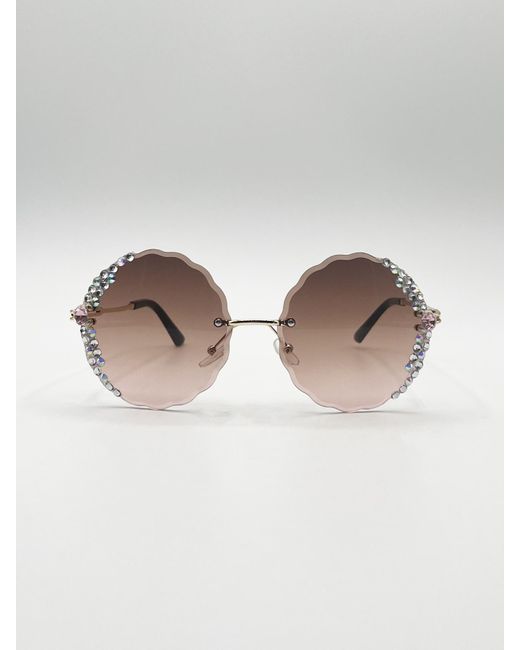 SVNX Gray Oversized Round Frameless Sunglasses With Crystal Detail