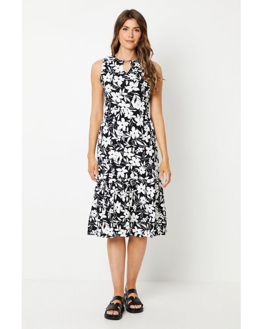 Wallis White Mono Floral Jersey Tiered Midi Dress With Keyhole