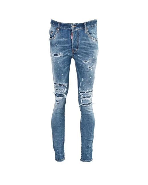 DSquared² Blue Super Twinky Jean Paint Splash Reinforced Ripped Jeans Cotton for men